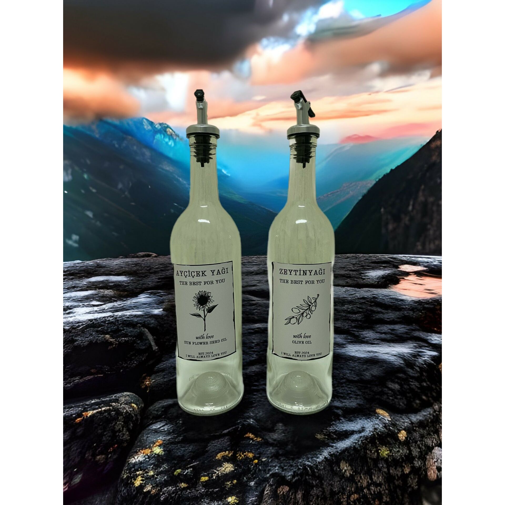 Sızdırmaz Zeytinyağı ve Ayçiçek Yağı Şişesi Yağdanlık Şeffaf Renkli 2 Adetx750 ML